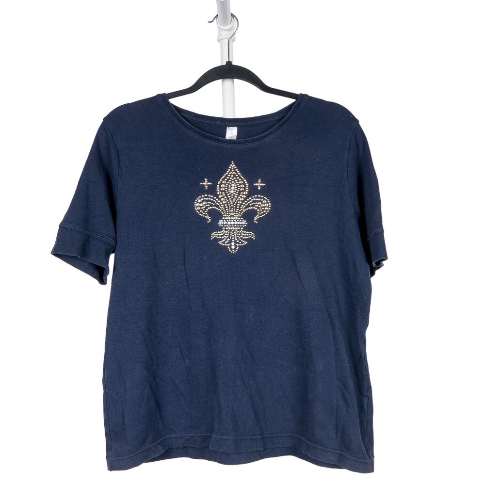 White Stag Fleur-de-lis TShirt L 12 14 Womans Navy Blue Silver Gold Short Sleeve